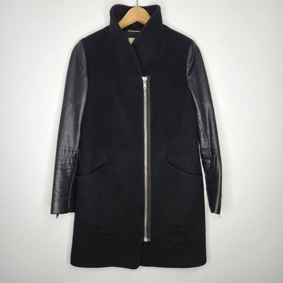 Aritzia Wilfred The Cocoon Wool Cashmere Coat XS leather Sleeves Zipper Front - Picture 1 of 10